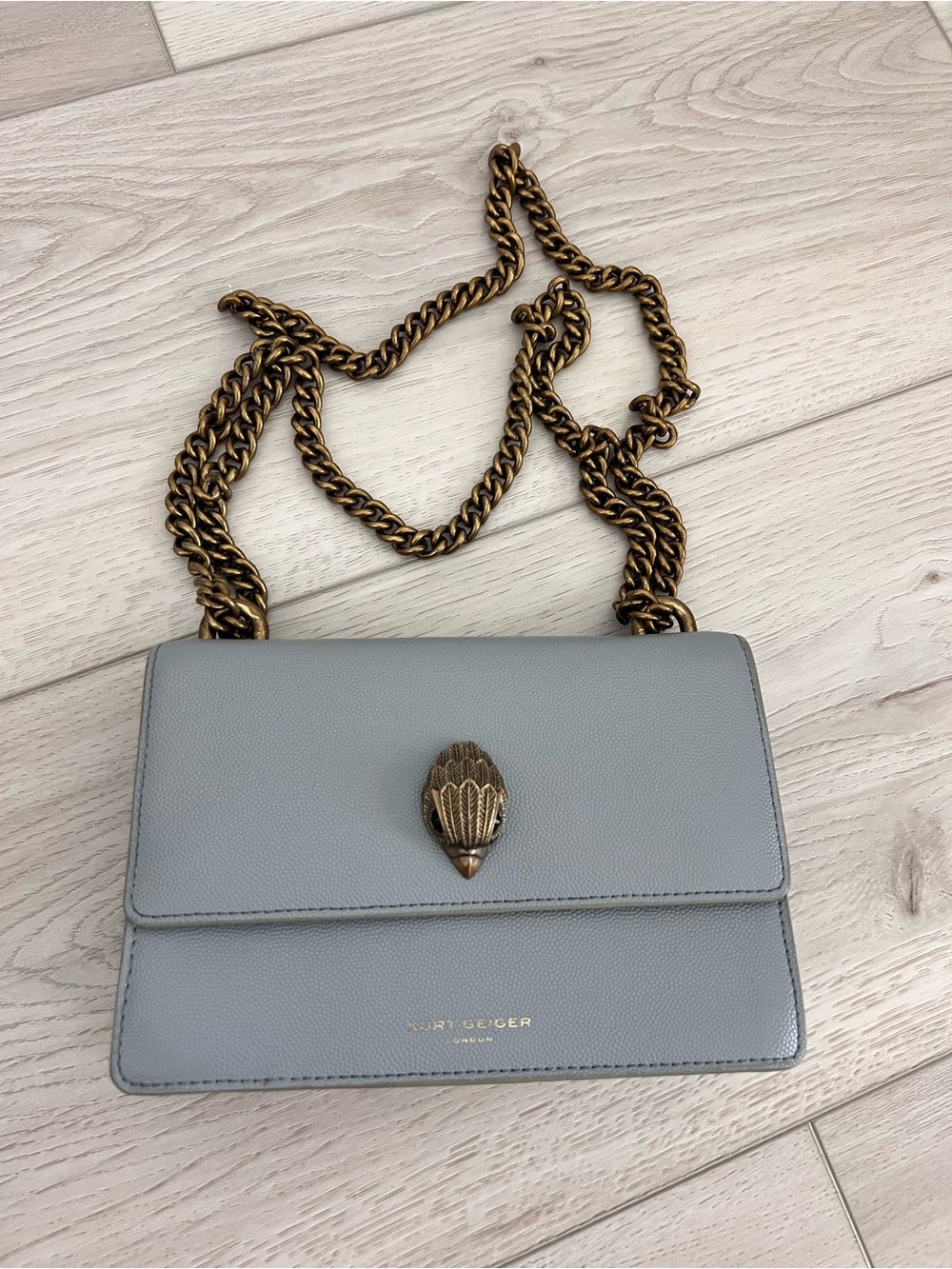Kurt Geiger Light Gray Leather Crossbody with Antique Gold Chain